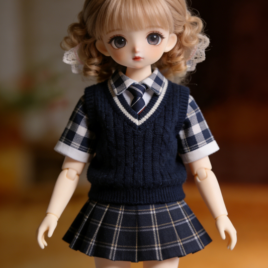 Preppy Knit Vest Plaid Doll Outfit - Navy Blue School Uniform Set for 1/4 BJD Dolls (Shirt, Tie, Vest, Skirt)