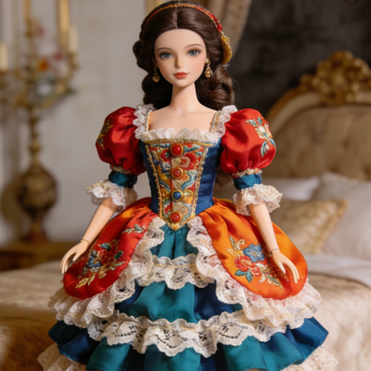 Baroque Court Gown - Red, Blue, Green Embroidered Doll Dress for 1/3 BJD Dolls with Puffed Sleeves