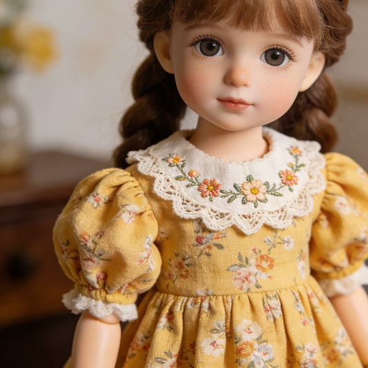 Countryside Floral Dress - Mustard Yellow Doll Outfit with Embroidered Lace Collar for 1/4 BJD Dolls