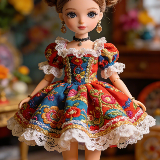 Flamenco Mini Dress - Red, Blue, Green Floral Embroidered Doll Outfit with Lace Trim for 1/6 BJD Dolls