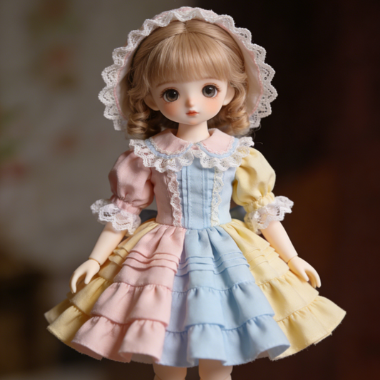 Pastel Macaron Ruffled Lolita Dress - Pink, Blue, Yellow Color Block Doll Outfit with Bonnet for 1/4 BJD Dolls